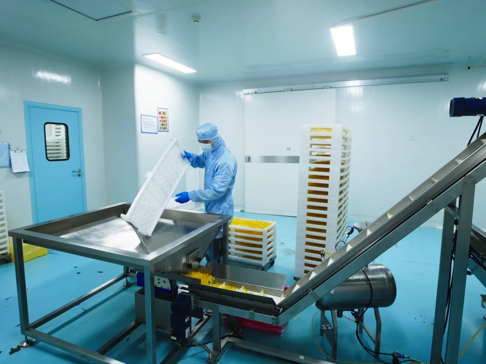 Worker wearing blue protective clothing handles a white tray beside yellow gummies, stacked trays, and conveyor equipment in a creatine gummy manufacturing context.