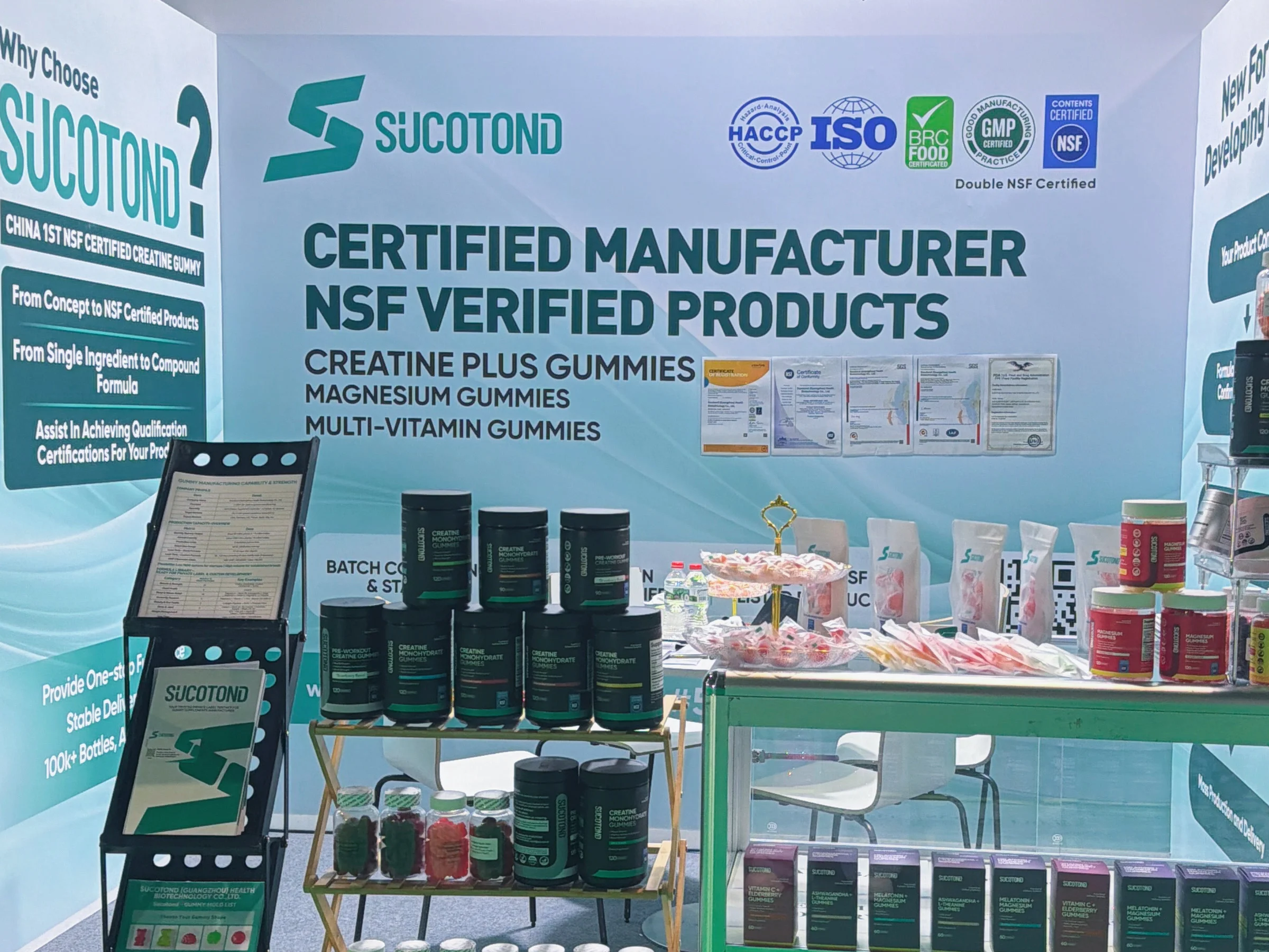 SUCOTOND stand branding and gummy product displays at Vitafoods Europe 2026