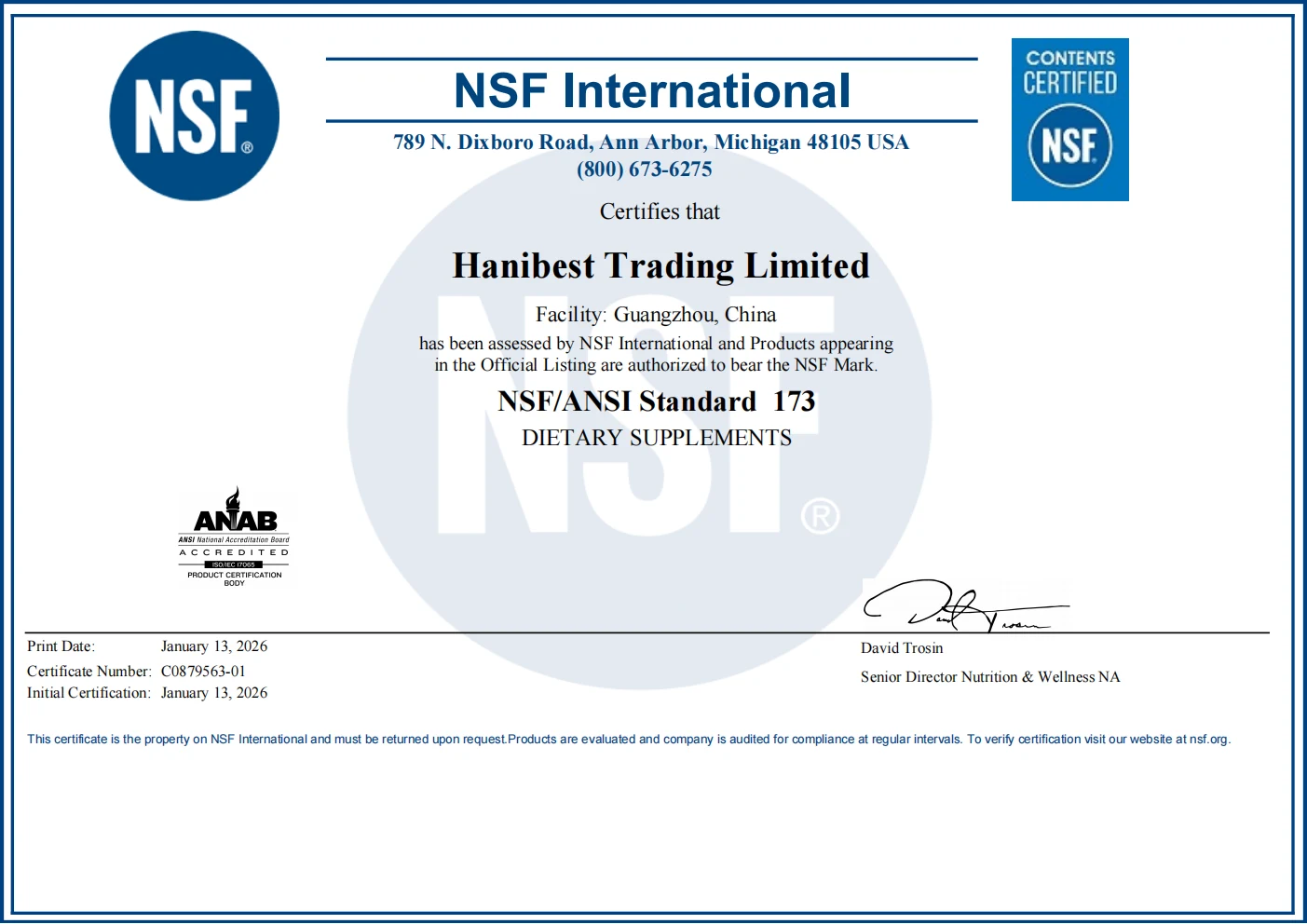 NSF/ANSI 173 dietary supplement certificate issued to Hanibest Trading Limited, certificate C0879563-01.