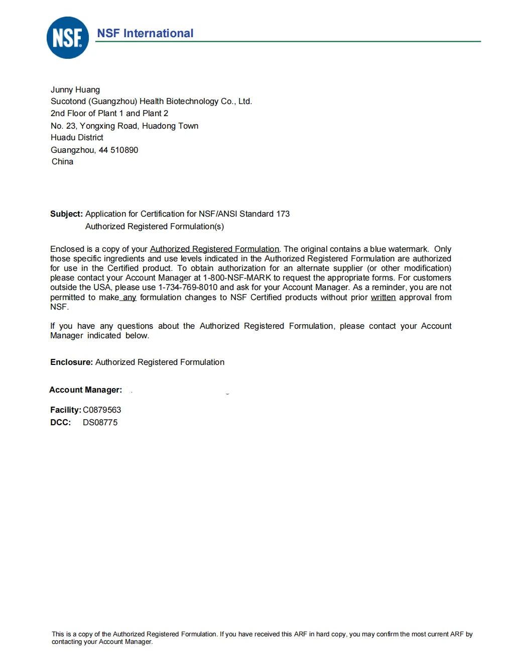 NSF International letter confirming the Authorized Registered Formulation for SUCOTOND magnesium glycinate gummies
