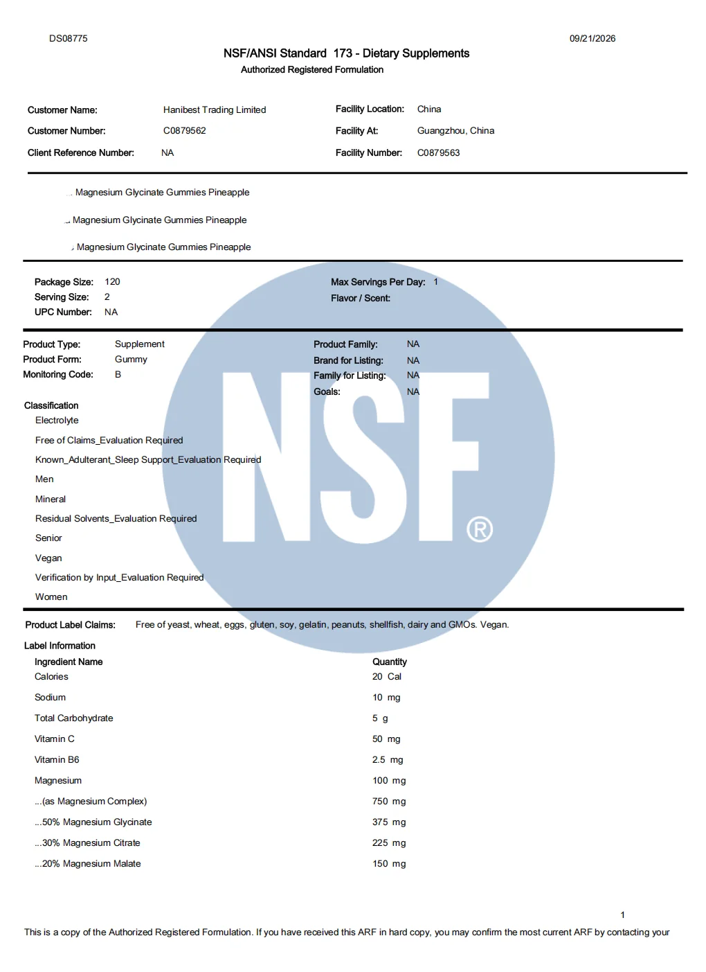 NSF/ANSI 173 Authorized Registered Formulation page 1, Magnesium Glycinate Gummies Pineapple