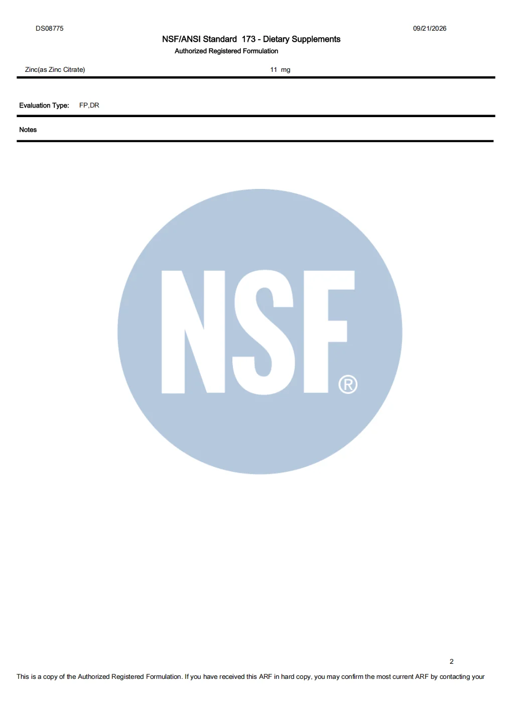 NSF/ANSI 173 Authorized Registered Formulation page 2, formulation entry