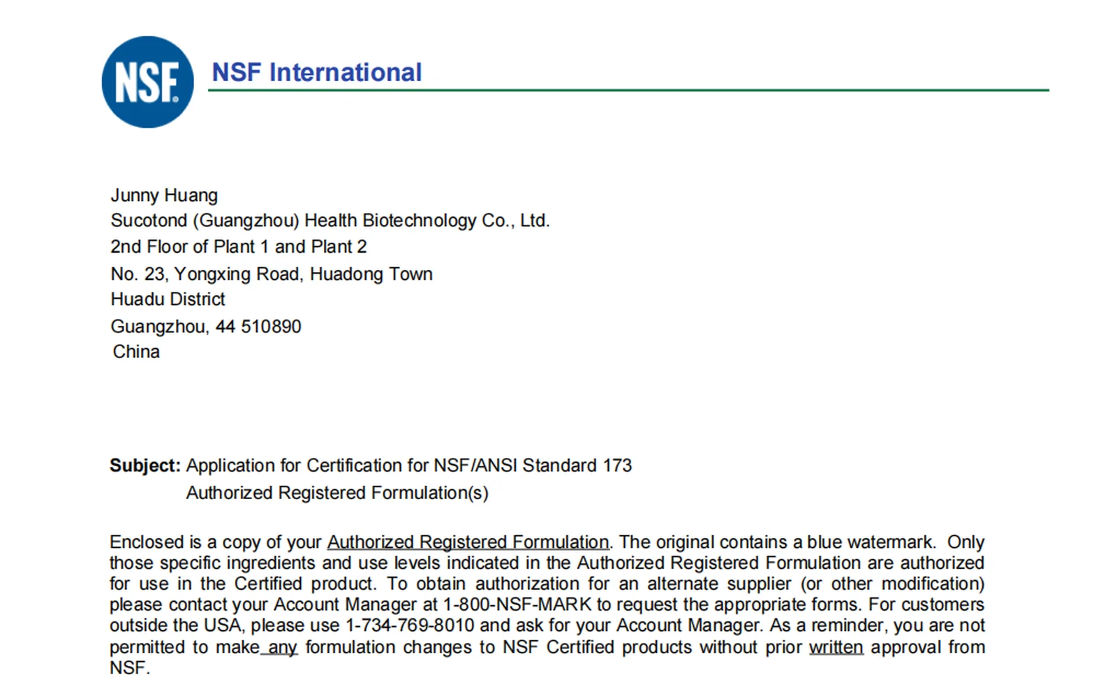NSF/ANSI 173 Authorized Registered Formulation letter issued to Hanibest Trading Limited, certificate C0879562-01.