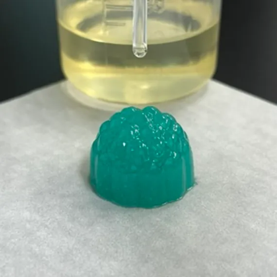 A teal berry-shaped ashwagandha gummy beside a flavor sample and dropper during R&D testing of fruit-masking and herbal flavor systems designed to reduce bitterness and astringency.