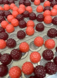 Red and dark berry-shaped ashwagandha magnesium gummies on a production screen, representing a melatonin-free sleep-market product concept for private label brands.