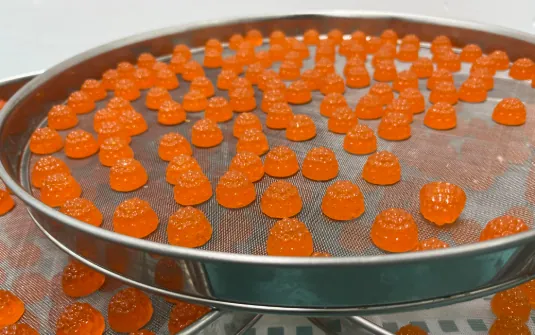 Orange gummy samples on a circular stainless steel mesh during a pilot production concept