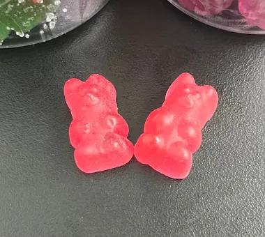 Two rose-red bear-shaped gummy samples displayed separately on a dark tabletop for a Beetroot Blend Gummies concept