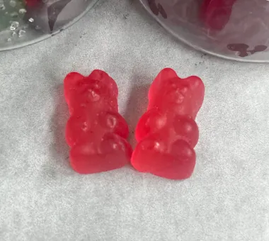 Two translucent red bear-shaped gummy samples for an Organic Beetroot Gummies concept