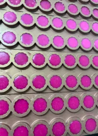 Pink gummy slurry in molds for a biotin multivitamin gummies for women project, using encapsulation and post-melting methods for multi-ingredient compatibility.