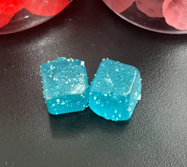 Blue square gummy samples for creatine magnesium potassium B6 gummy product development