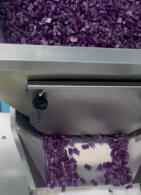 Purple gummies feed into automated equipment during creatine mineral gummy commercial production