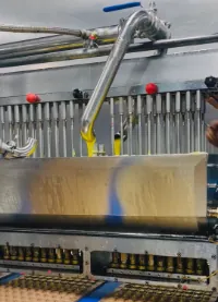 Gummy molds move through depositing equipment during high-dose creatine electrolyte gummy production