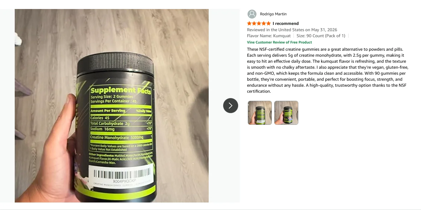 Amazon Vine Review_Apple Creatine Gummies with 5g per Serving