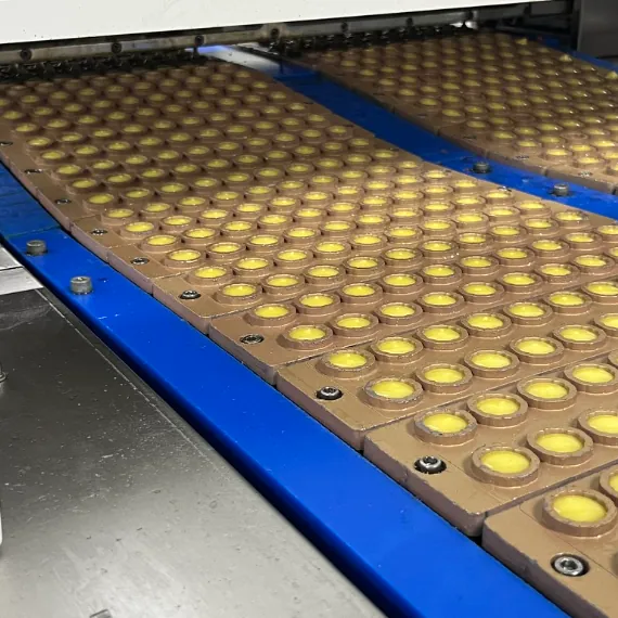 Yellow gummies setting in production molds during Daily Creatine Gummies R&D for micronized creatine, adjustable firmness and tropical mango flavor.