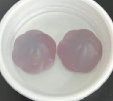 Two purple round gummy samples displayed in a white cup
