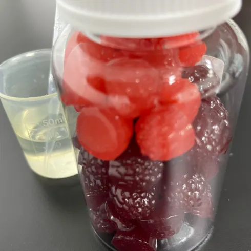 Red and dark gummy samples beside a small laboratory beaker