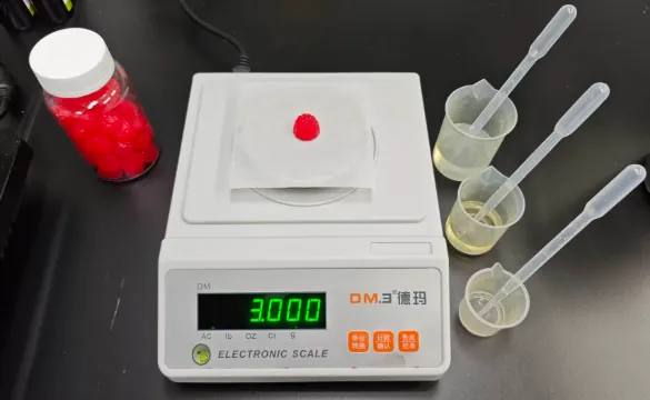 A red magnesium glycinate gummy weighing 3.000 g on an electronic scale, representing 100 mg of elemental magnesium per gummy and a 200 mg two-gummy serving.