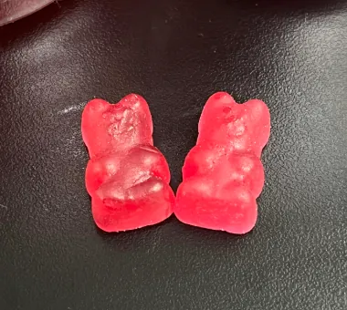 Translucent pink bear-shaped gummy samples for sugar-free vegan melatonin gummy development