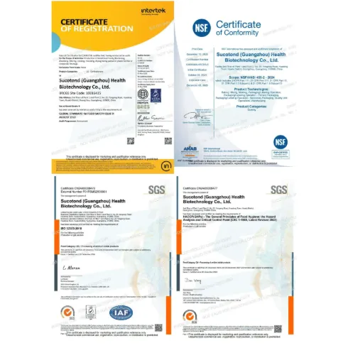 SUCOTOND factory certificate collage for mushroom gummies manufacturing, covering NSF/ANSI 455-2 GMP, HACCP, ISO 22000 and BRCGS qualifications for private label compliance review.