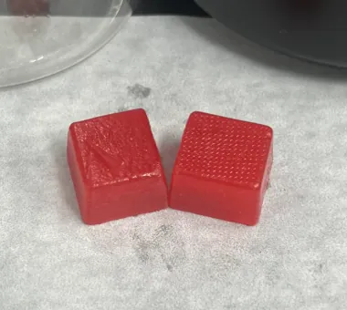 Two red square mushroom complex gummy samples for custom 10-in-1 mushroom gummies, with adjustable mushroom types and ingredient quantities for a multi-mushroom product project.