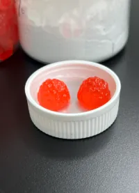 Two red vegan mushroom gummy samples in a jar lid, using a pure pectin base without animal-derived ingredients to support Vegan, Halal and Kosher certification planning.