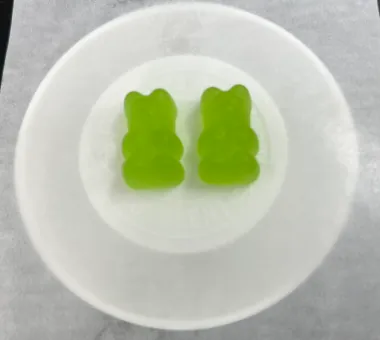 Green protein fruit gummy bear samples combining WPI, WPH, collagen, plant or blended protein with freeze-dried fruit powder and optional vitamins for custom formulas.