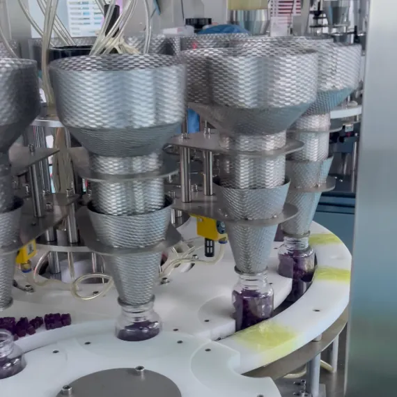 Gummy bottles move through automated packaging equipment during saffron gummy production