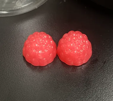 Pink gummy samples for sugar-free saffron gummy formulation development