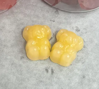 Pale yellow bear-shaped gummy samples for vegan pectin saffron gummy development