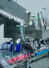Gummy bottles moving through automated production equipment during a saffron gummy commercial batch