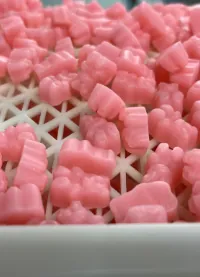 Pink gummy pieces for a small strawberry vitamin B12 gummy for kids case