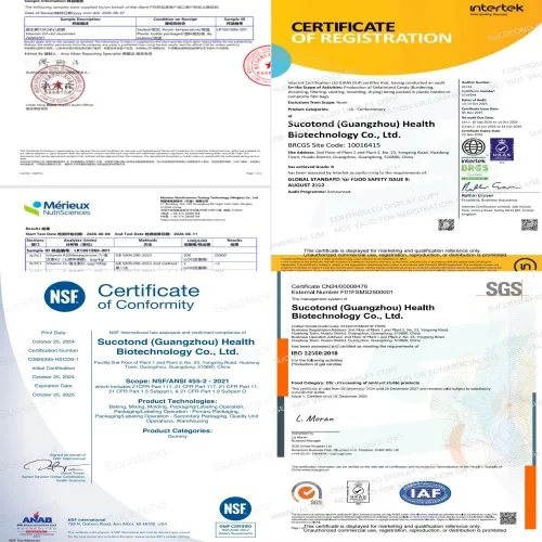 Testing report and manufacturing certifications for sucotond vitamin d3 k2 gummies, including gmp, haccp, iso 22000, brcgs and nsf related compliance documents