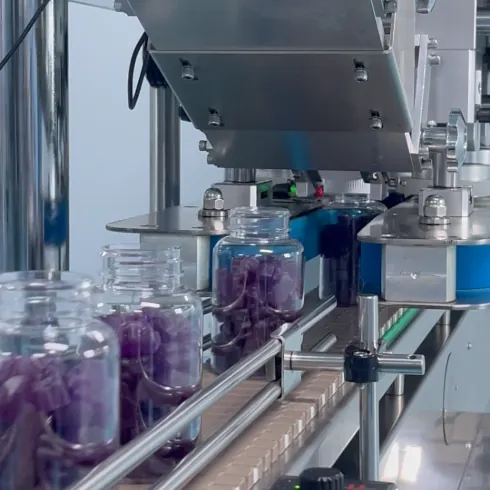 Filled gummy bottles moving through an automated line during women's creatine gummy batch production and release