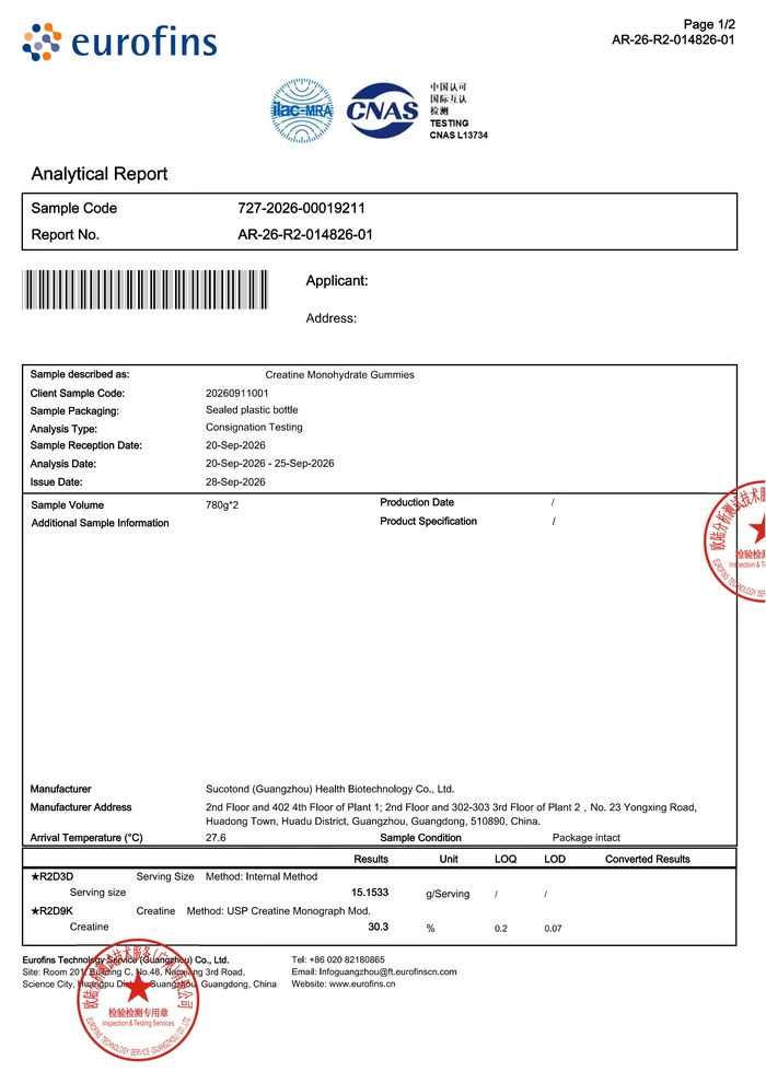 Eurofins analytical report for creatine monohydrate gummies, showing creatine content, heavy metals and microbiological results