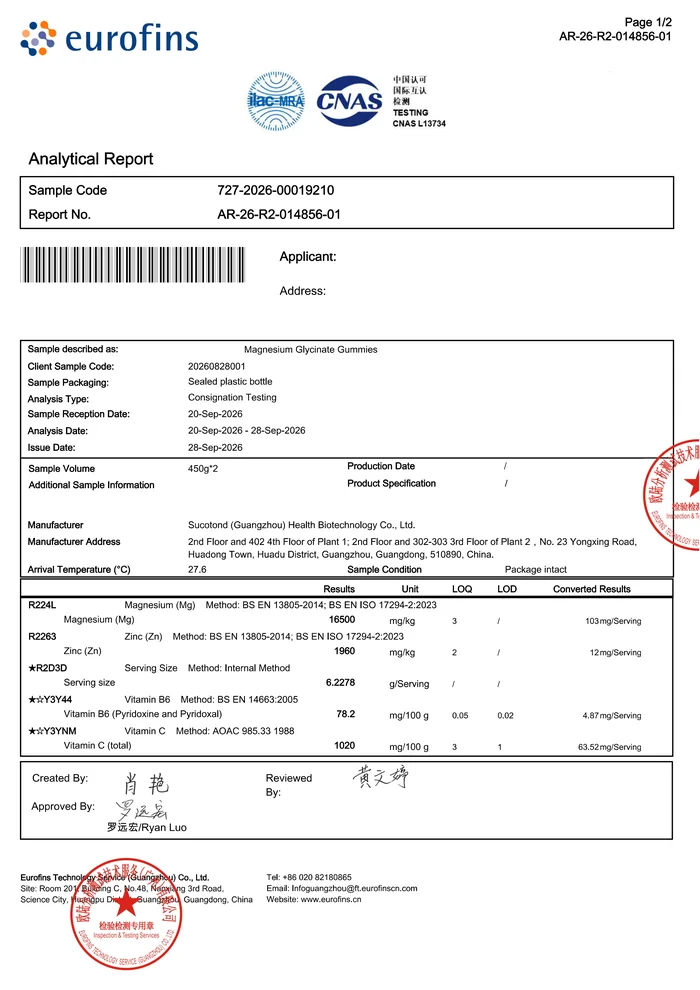Eurofins analytical report for magnesium glycinate gummies, showing magnesium, zinc, vitamin B6 and vitamin C content